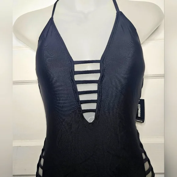 Express Black Halter Swimsuit W/Hip & Chest Cutouts Low CrissCross Back Sz S - Picture 7 of 8